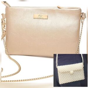 AITBAGS Gold Faux Leather Clutch And Faux Pearl Clutch